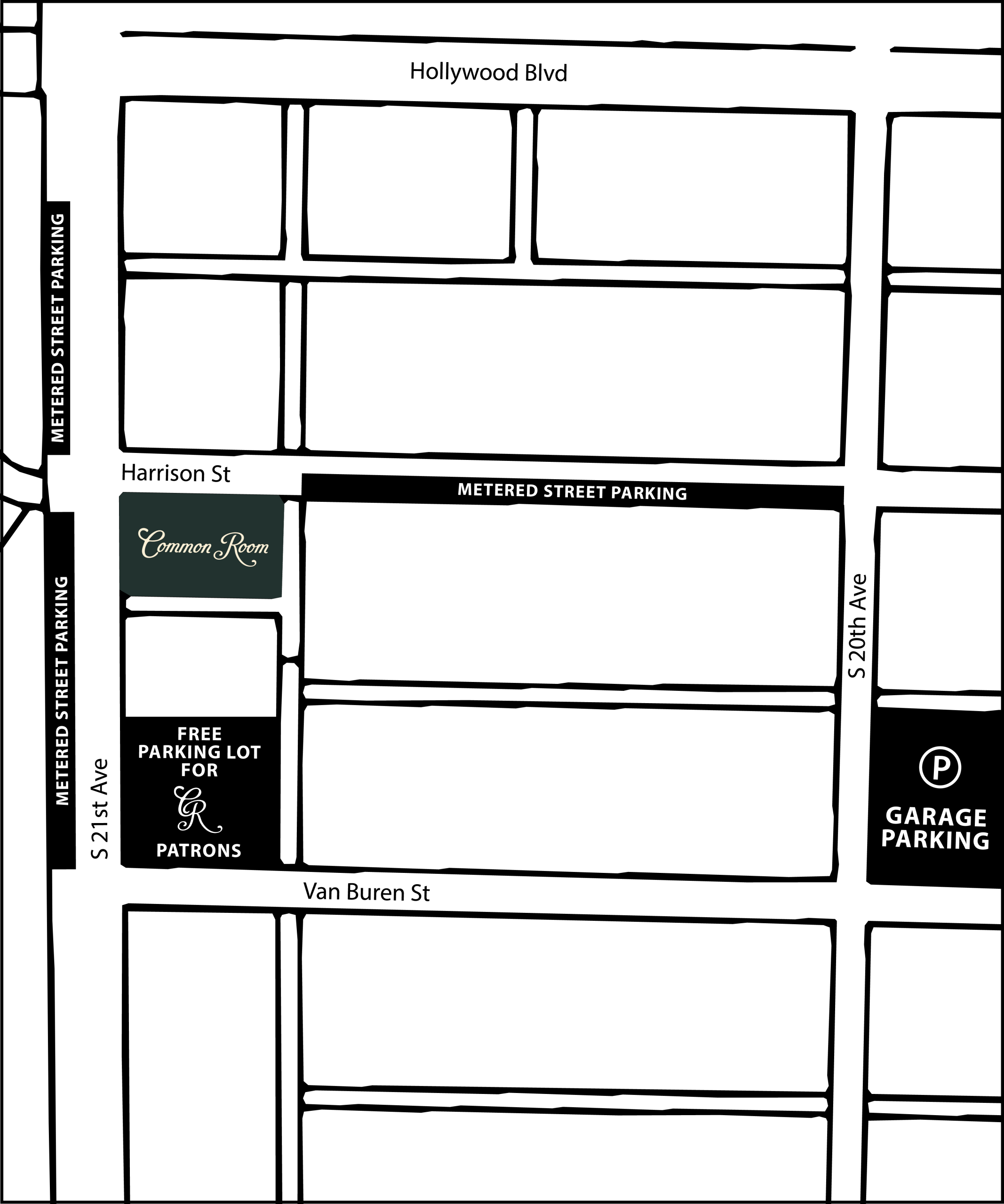 simple line map showing common room location, street names and parking areas